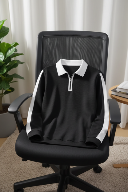 Contrast Side Panel Quarter-Zip Polo Sweatshirt – Black/White