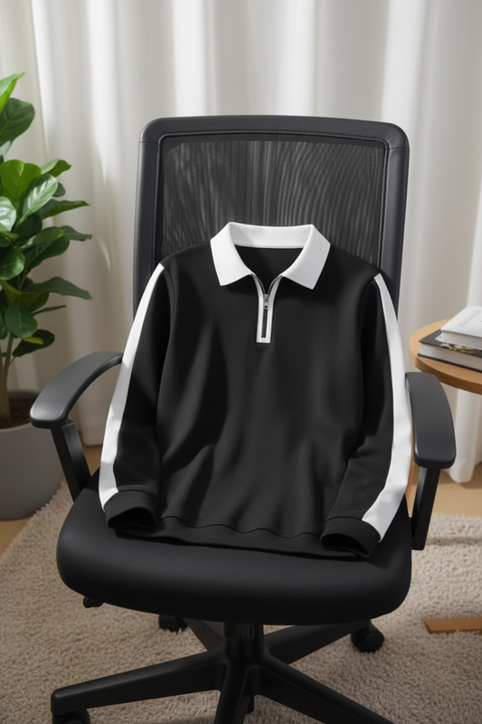Contrast Side Panel Quarter-Zip Polo Sweatshirt – Black/White
