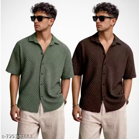 Textured Jacquard Half Sleeve Shirt – Pack of 2 (Olive + Dark Brown)