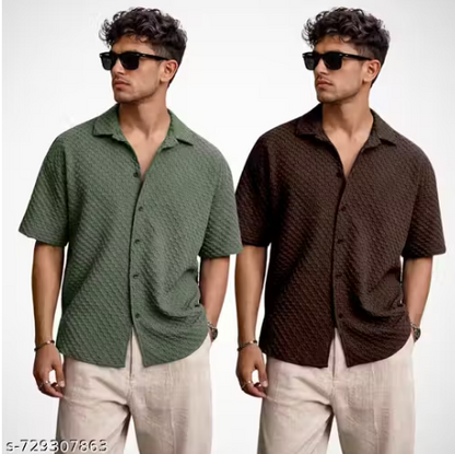 Textured Jacquard Half Sleeve Shirt – Pack of 2 (Olive + Dark Brown)