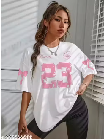 Women's Oversized Princess 23 Graphic T-Shirt – White with Pink Bow Print
