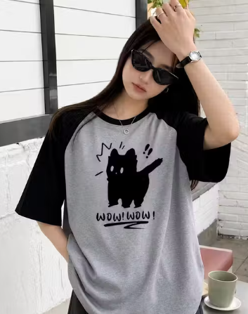 Women's Raglan Wow Wow Cat Graphic T-Shirt – Grey Body with Black Sleeves