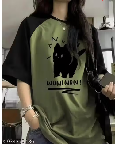 Wow Wow Cat Graphic Raglan T-Shirt – Olive Green Body with Black Sleeves