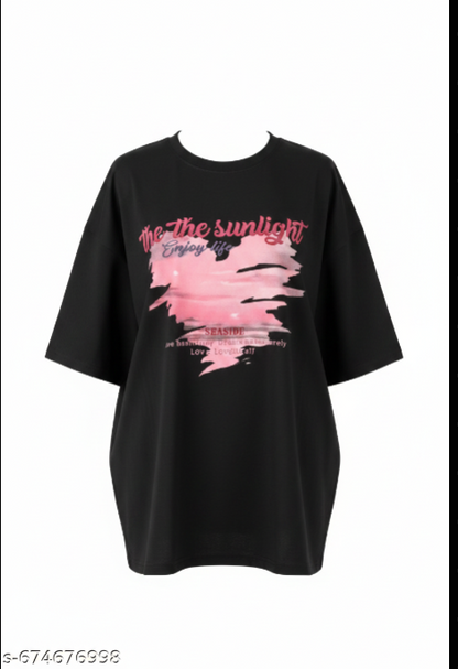 The Sunlight Enjoy Life Oversized Graphic T-Shirt – Black with Pink Sunset Brushstroke Print