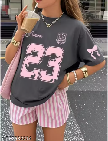 Princess 23 Varsity Oversized T-Shirt – Charcoal Grey with Pink Print and Bow Sleeve Detail