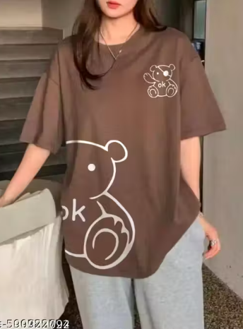 OK Bear Graphic Oversized T-Shirt – Chocolate Brown with Cream Bear Outline Print