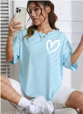 Heart Print Oversized T-Shirt – Sky Blue with White Brushstroke Heart on Chest