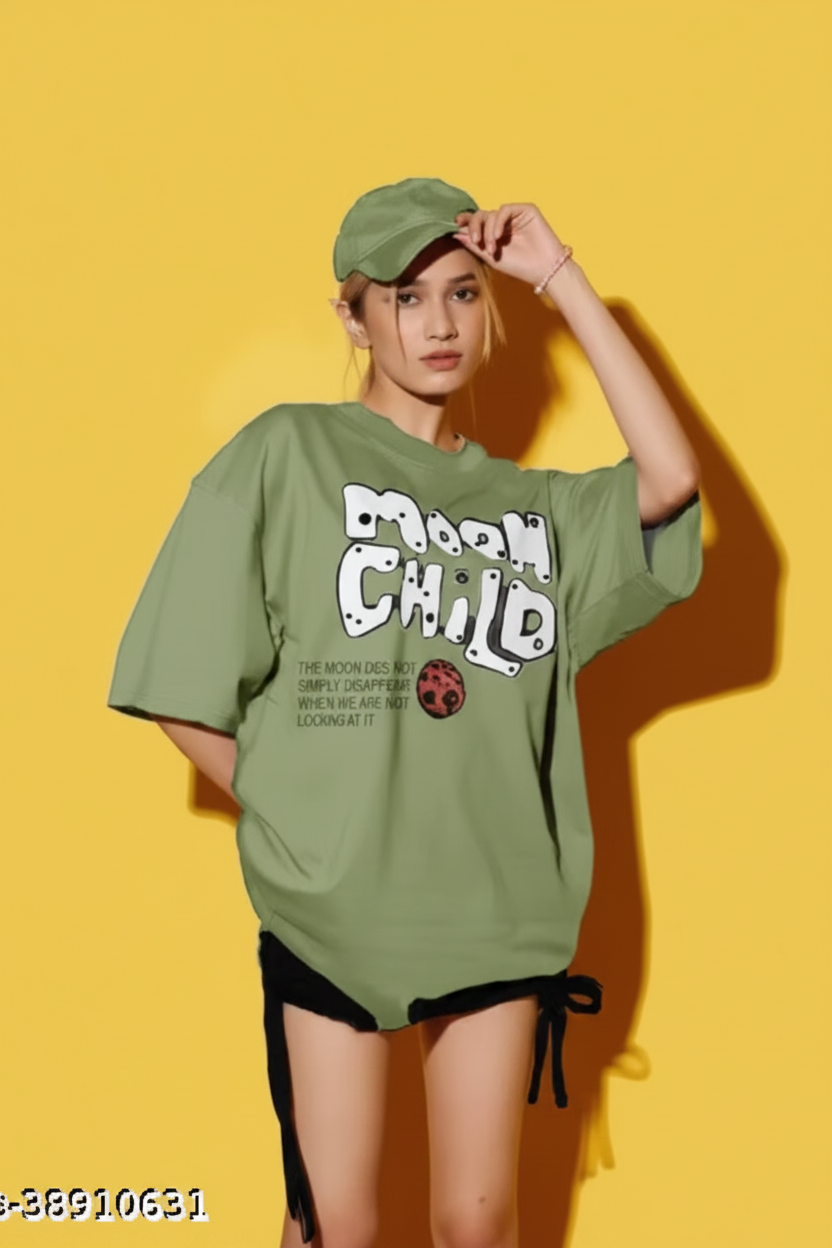 Moon Child Graphic Oversized T-Shirt – Sage Green with Retro Celestial Print