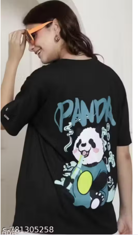 Panda Back Graphic Oversized T-Shirt – Black with Teal Cartoon Panda Back Print