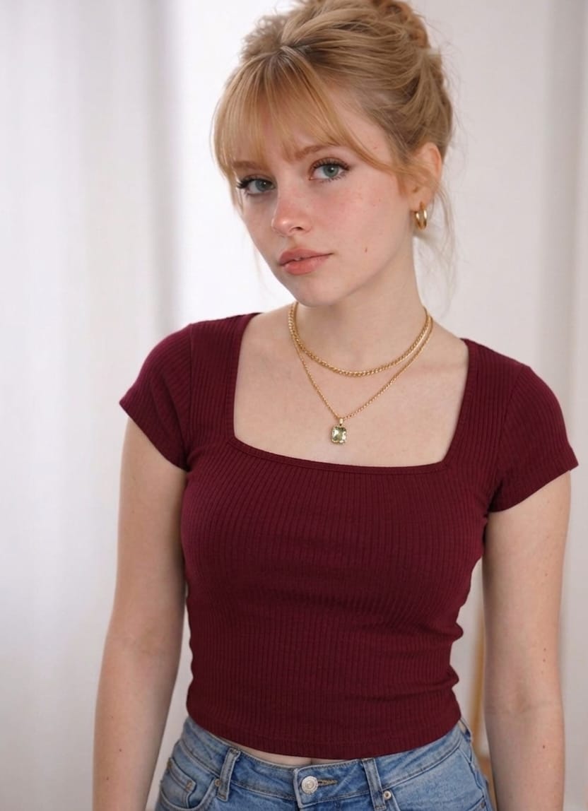Square Neck Ribbed Sleeve Crop Top (Red)