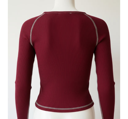Stitch Ribbed Full-Sleeve Fitted T-Shirt (Red)