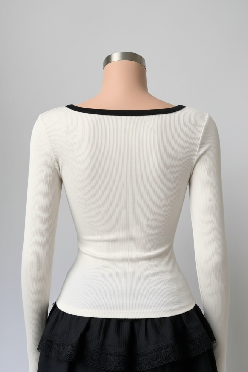 Back Ghost Mannequin - Cream Ribbed Bow Top