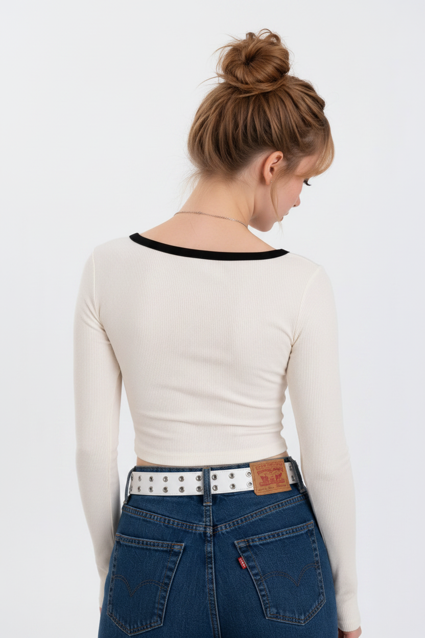Back View - Cream Ribbed Bow Top