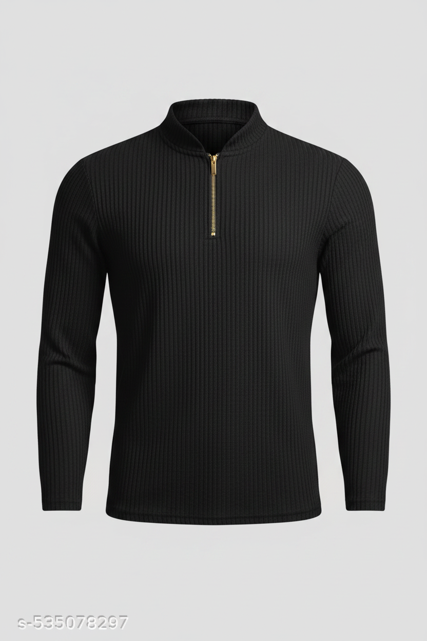 Black Ribbed Zip Front