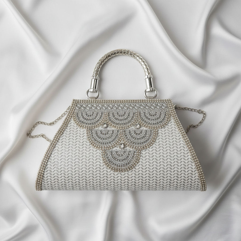 Flat Lay - Silver Crystal Handbag