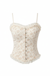 Pearl Button Ruffle Corset Cami Top (White)