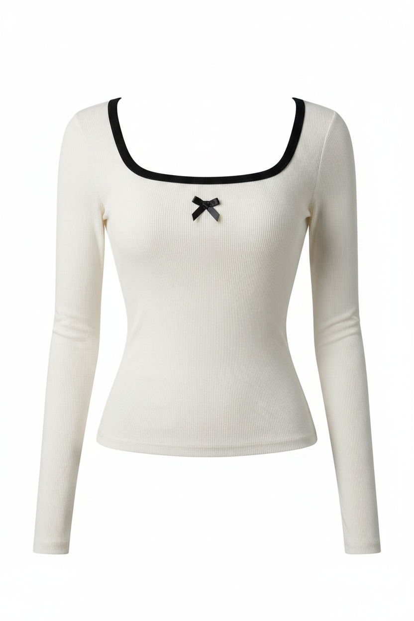 Front Ghost Mannequin - Cream Ribbed Bow Top