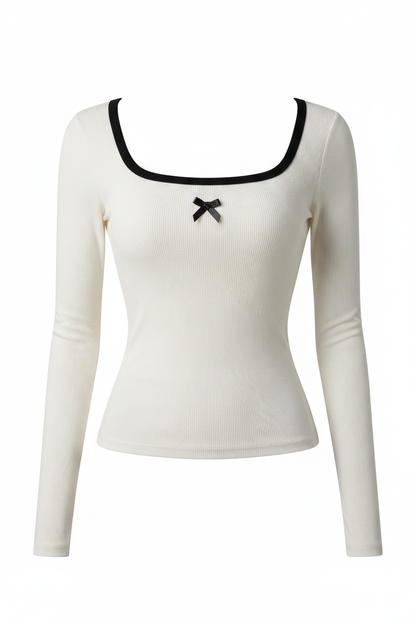 Front Ghost Mannequin - Cream Ribbed Bow Top