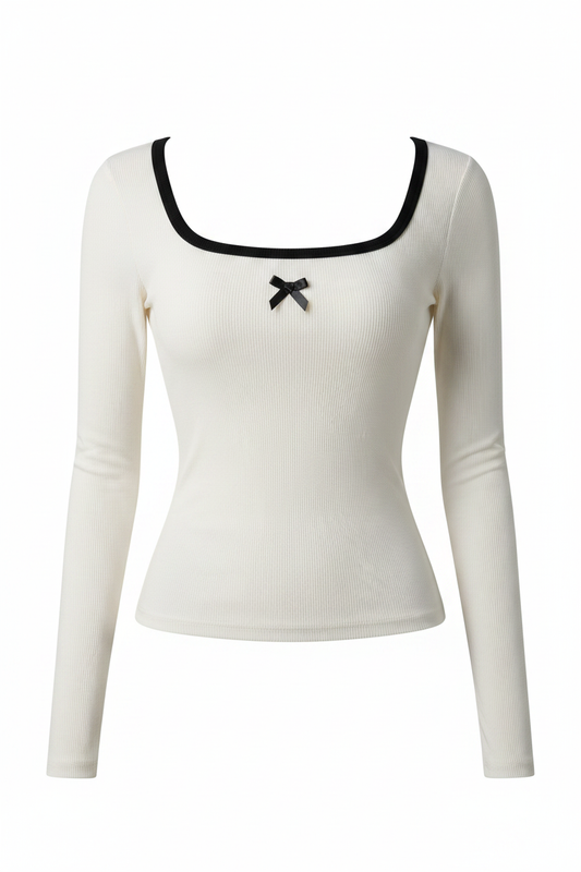 Front Ghost Mannequin - Cream Ribbed Bow Top