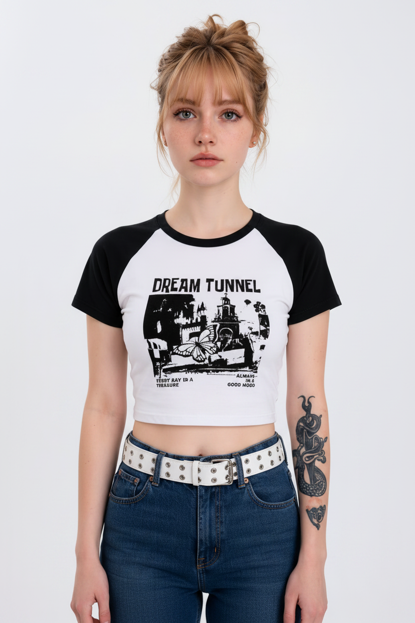 Front Model - Dream Tunnel Raglan Crop Tee