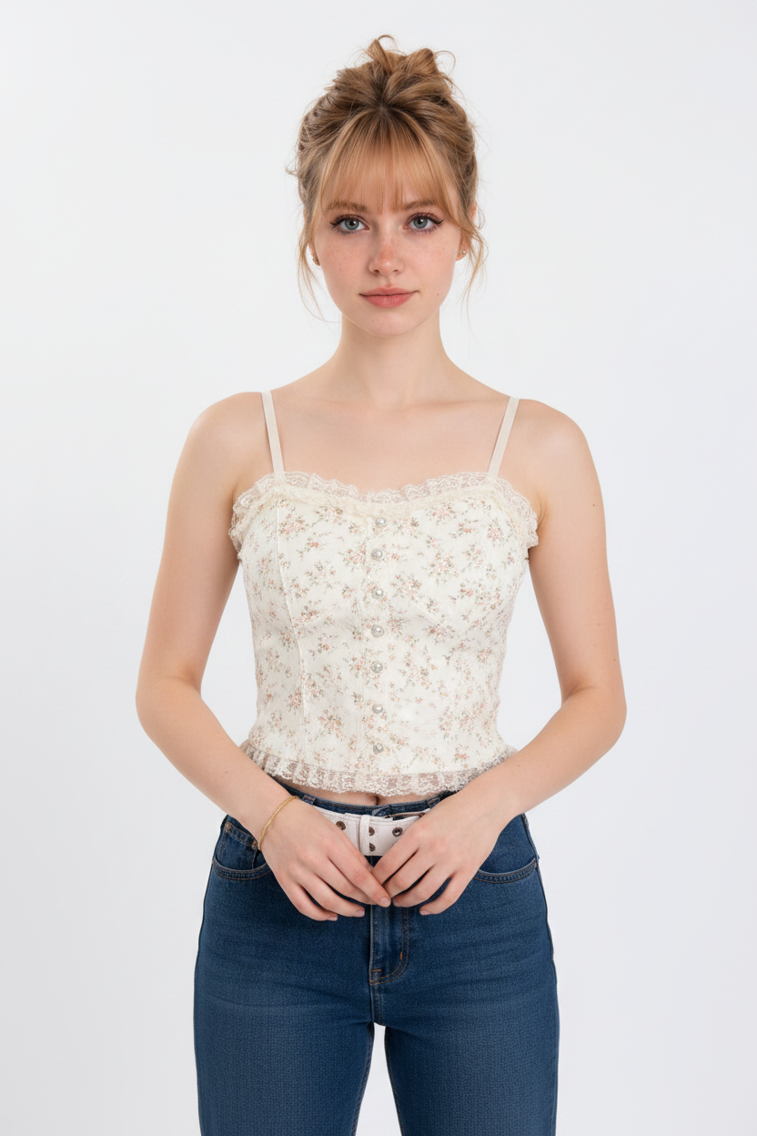 Front Model - Floral Lace Cami Corset Top