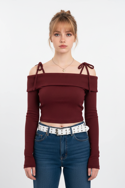 Front Model - Maroon Off-Shoulder Top