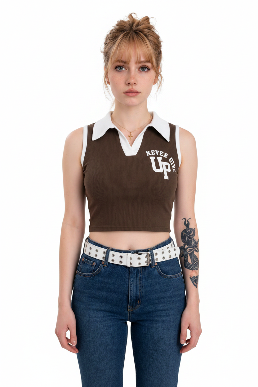 Front Model - Never Give UP Varsity Crop Top