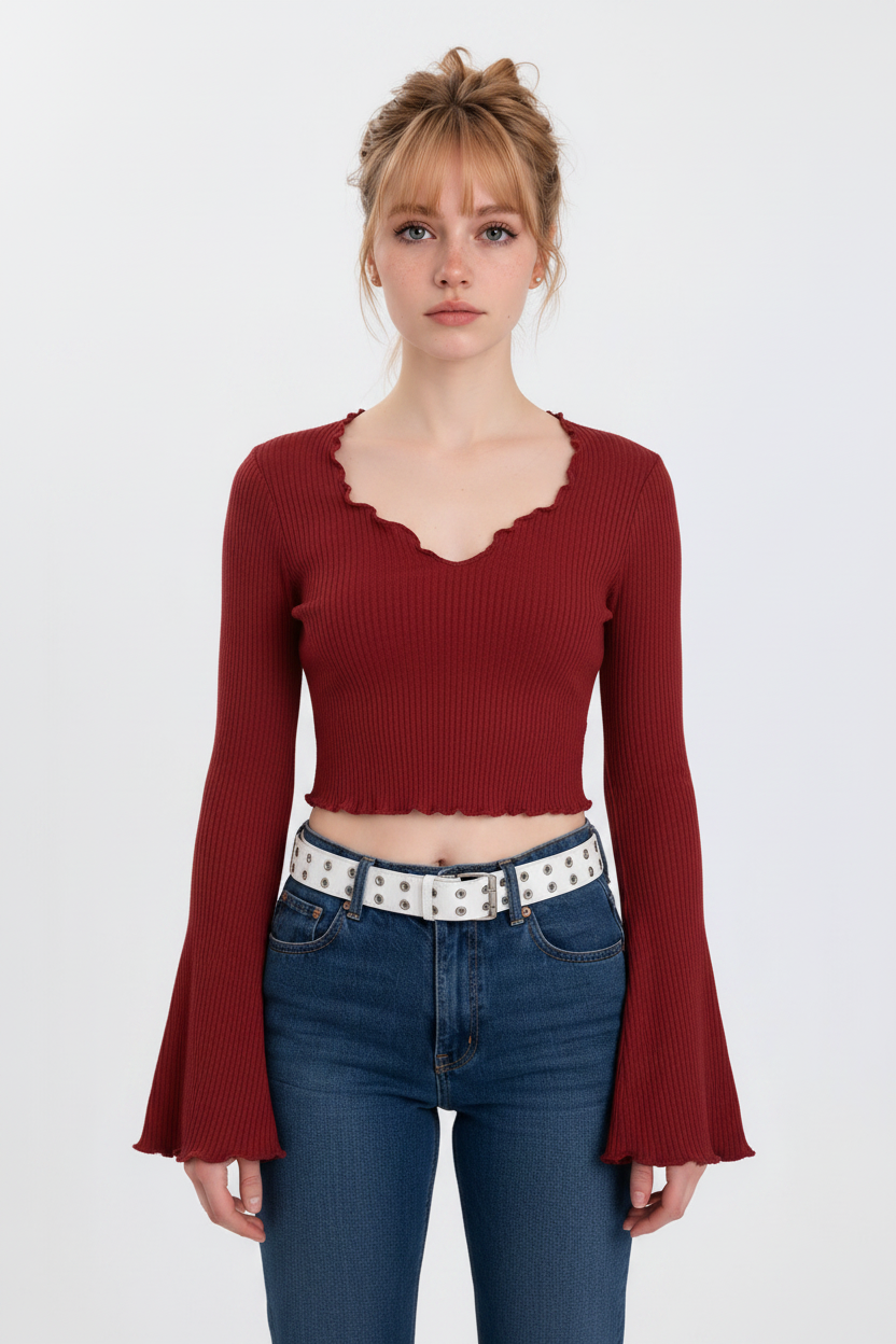 Front Model - Red Bell Sleeve Crop Top