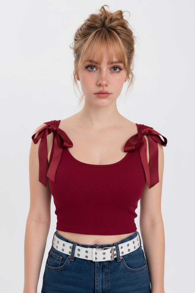 Front Model - Red Bow Strap Crop Top