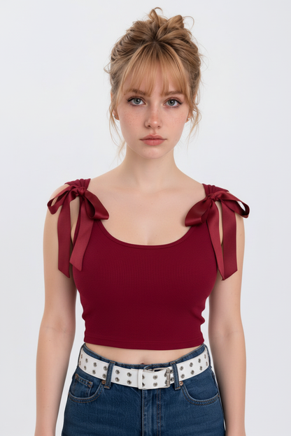 Front Model - Red Bow Strap Crop Top