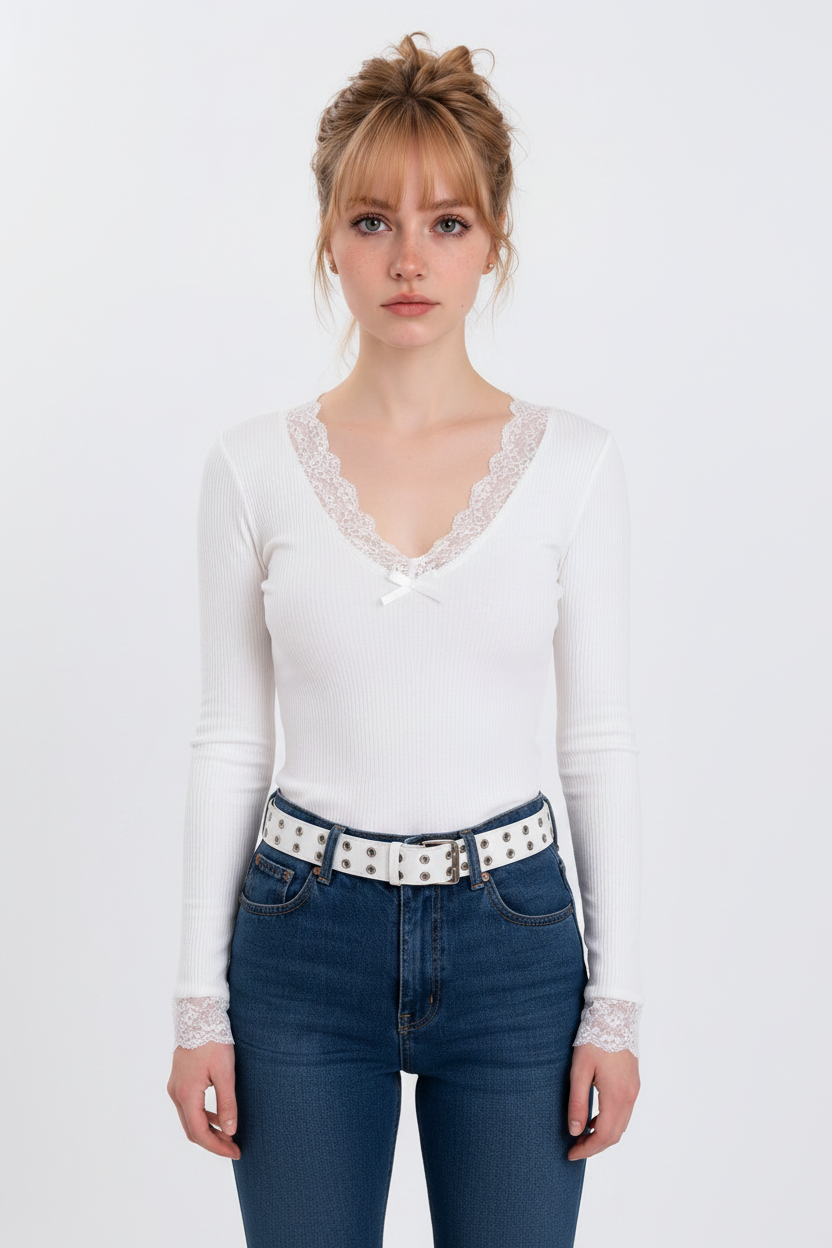 Front Model - White Lace Trim Ribbed Top