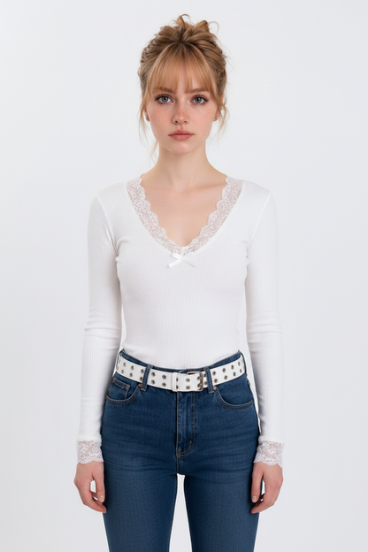 Front Model - White Lace Trim Ribbed Top