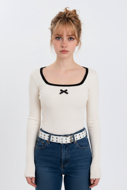 Front View - Cream Ribbed Bow Top