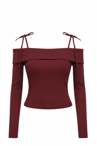 Tie-Strap Cold Shoulder Full-Sleeve Top (Wine Red)