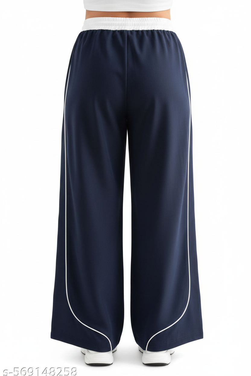 White Piping Contrast Waistband Wide-Leg Jogger