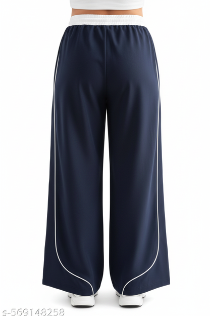 White Piping Contrast Waistband Wide-Leg Jogger