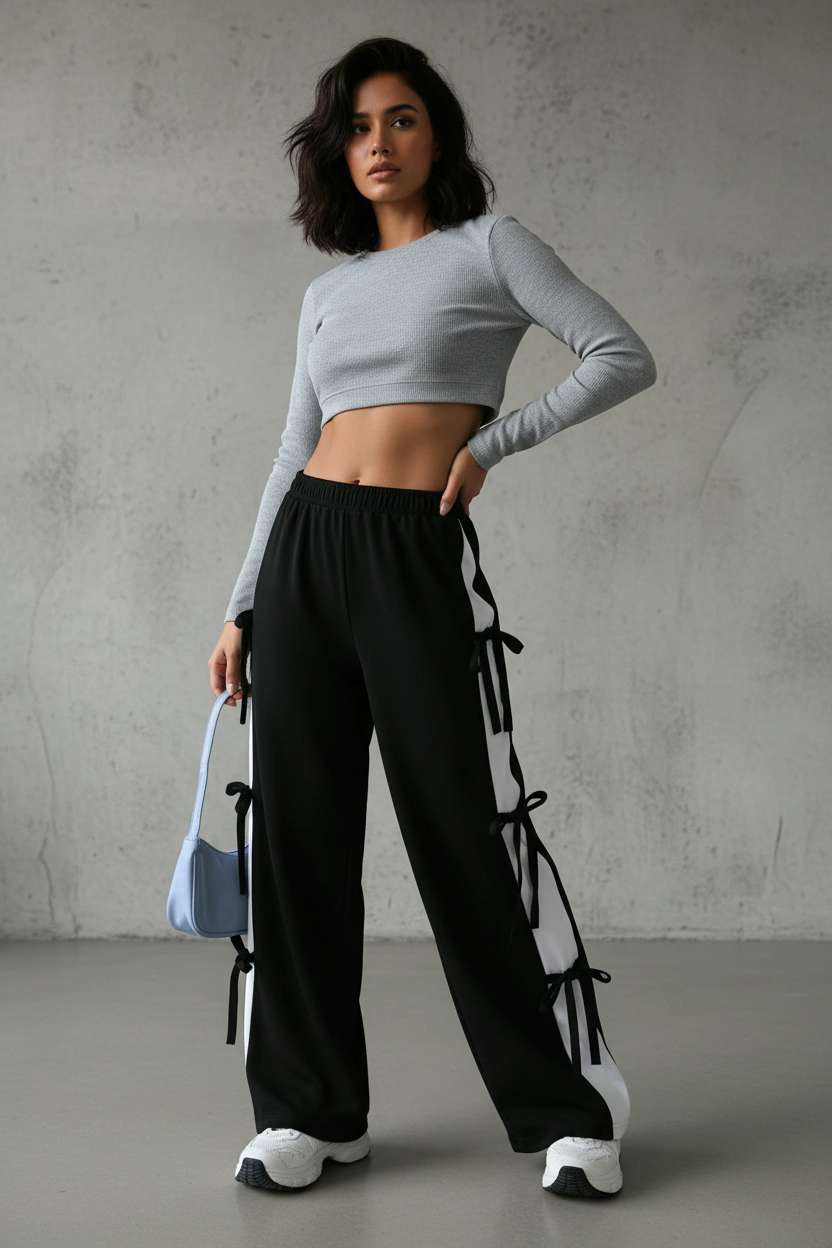 Multi-Bow Side Tie Colorblock Wide-Leg Track Joggers (2 pcs)