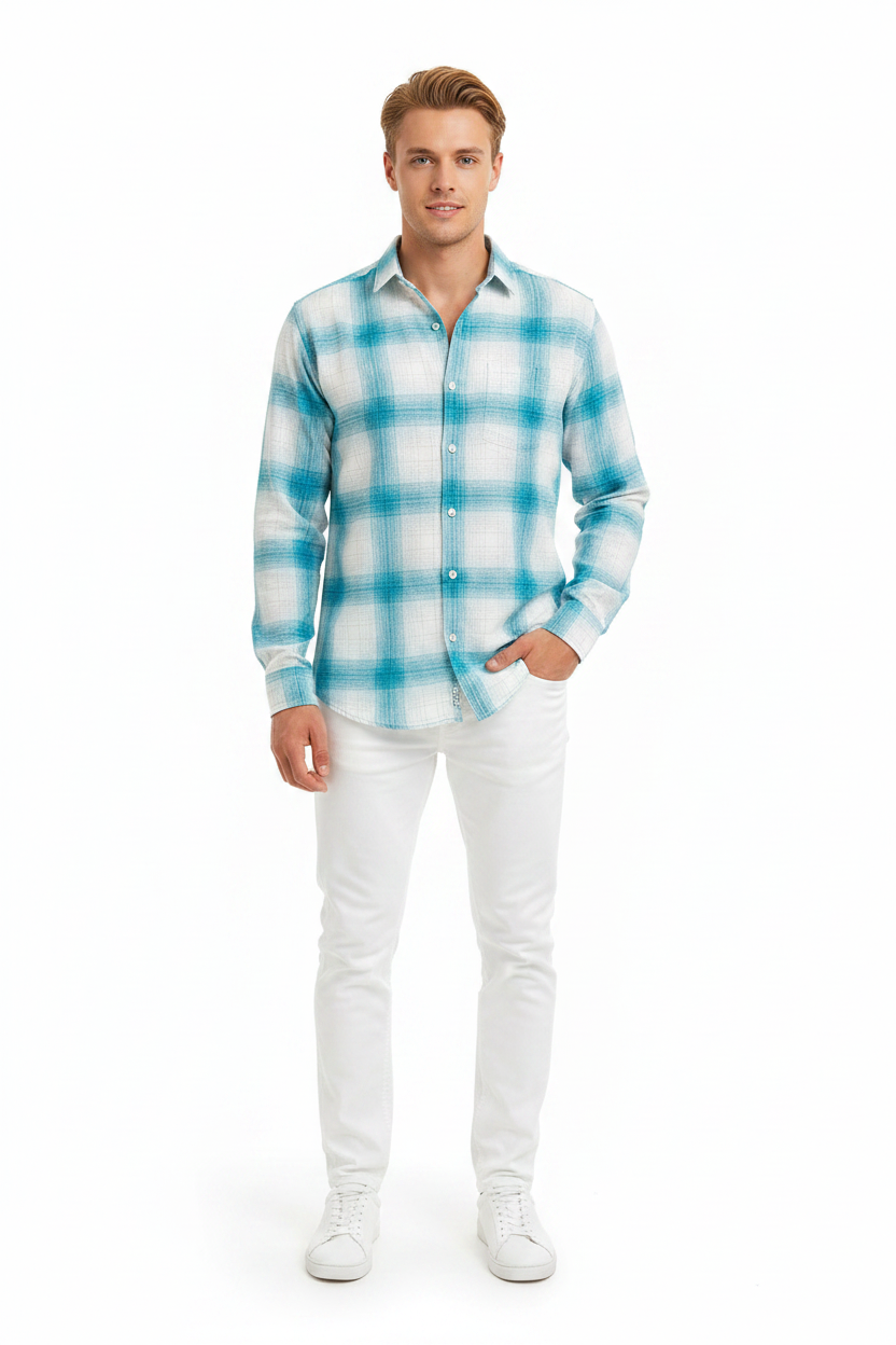 Teal Windowpane Check Full Sleeve Shirt – Teal/White
