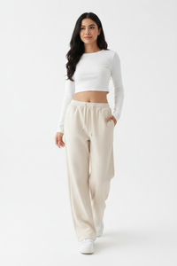 Cream Drawstring High-Waist Wide-Leg Fleece Jogger