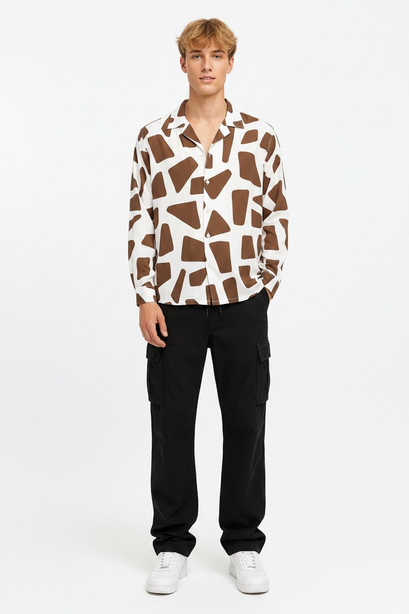 Abstract Geo Print Full Sleeve Shirt – Brown/White