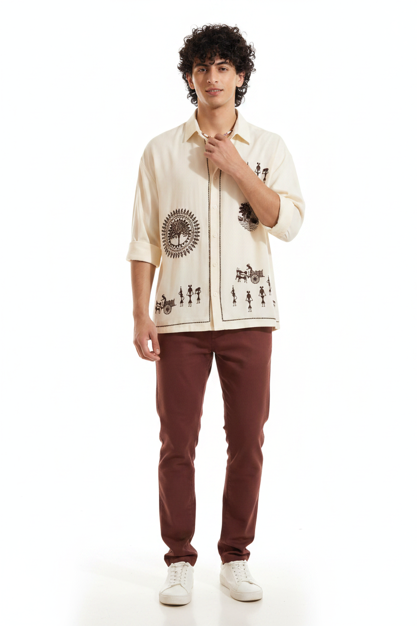 Warli Art Print Half Sleeve Shirt – Cream