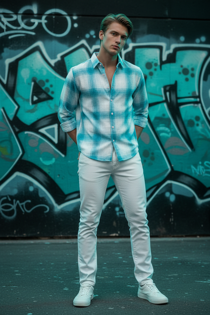 Teal Windowpane Check Full Sleeve Shirt – Teal/White