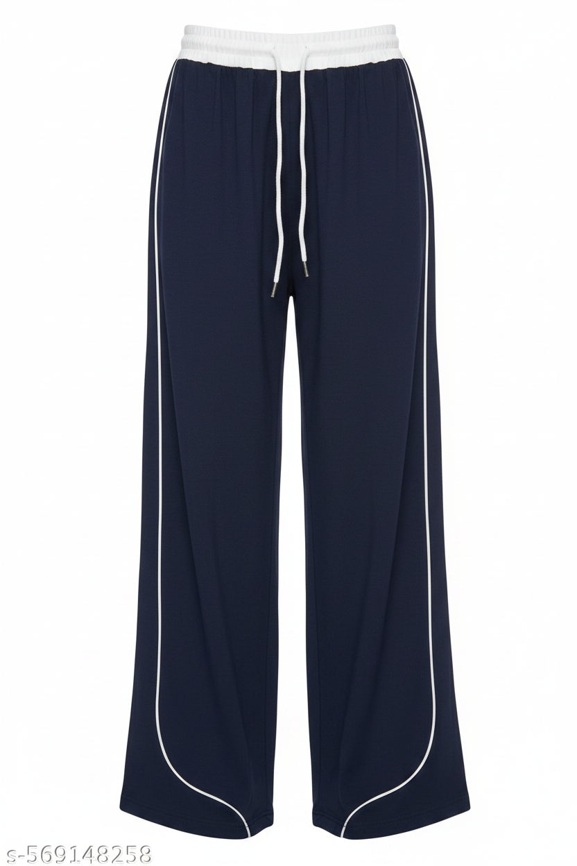 White Piping Contrast Waistband Wide-Leg Jogger