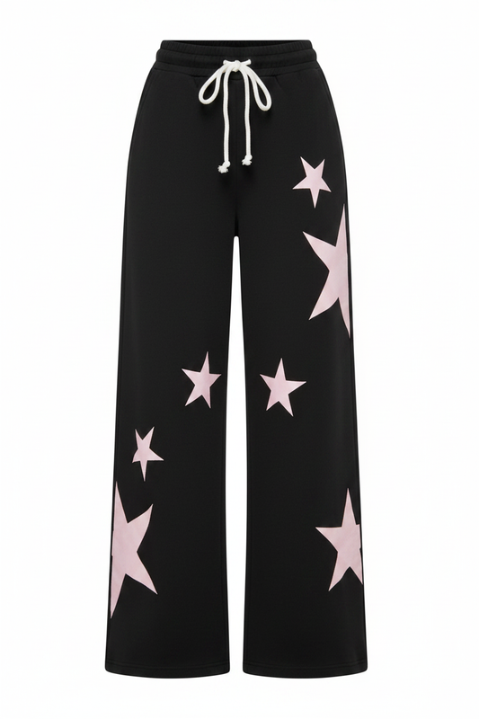 Pink Star Print Drawstring Wide-Leg Sweatpants