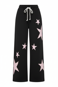 Pink Star Print Drawstring Wide-Leg Sweatpants