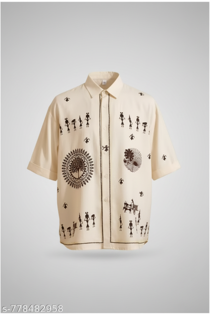 Warli Art Print Half Sleeve Shirt – Cream