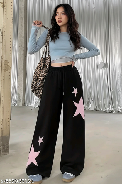 Pink Star Print Drawstring Wide-Leg Sweatpants
