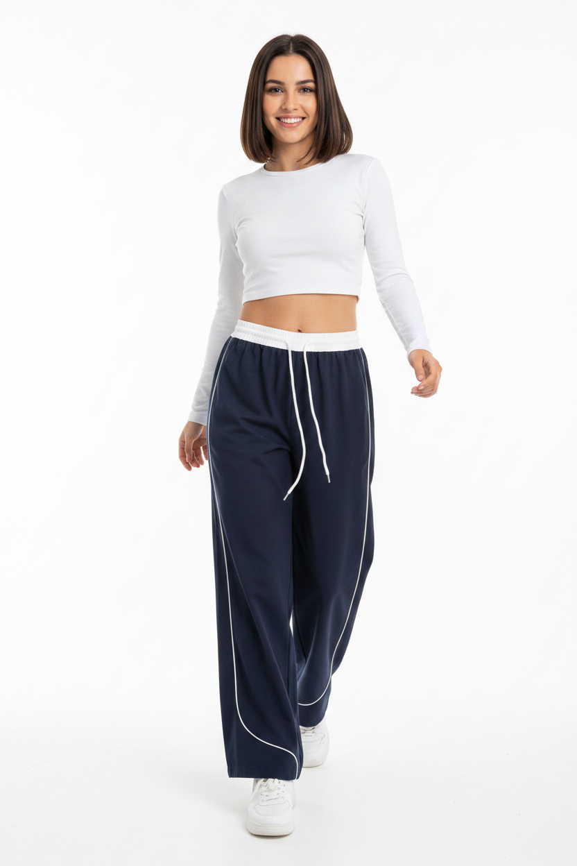 White Piping Contrast Waistband Wide-Leg Jogger