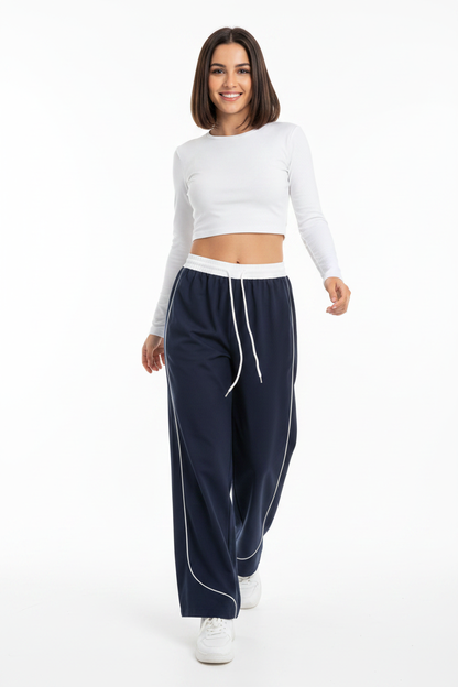 White Piping Contrast Waistband Wide-Leg Jogger