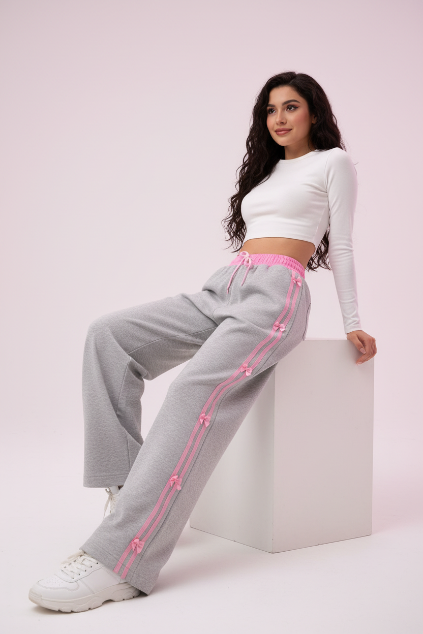 Pink Bow Ribbon Side Stripe Coquette Wide-Leg Jogger